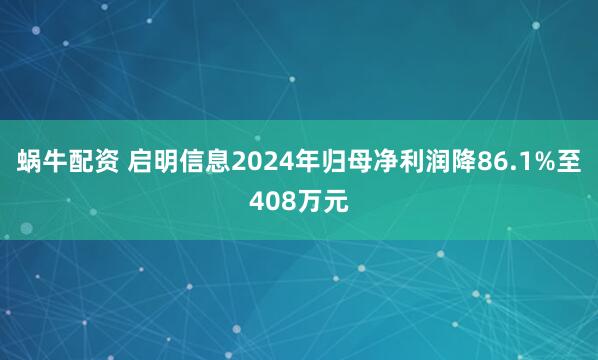 蜗牛配资 启明信息2024年归母净利润降86.1%至408万元